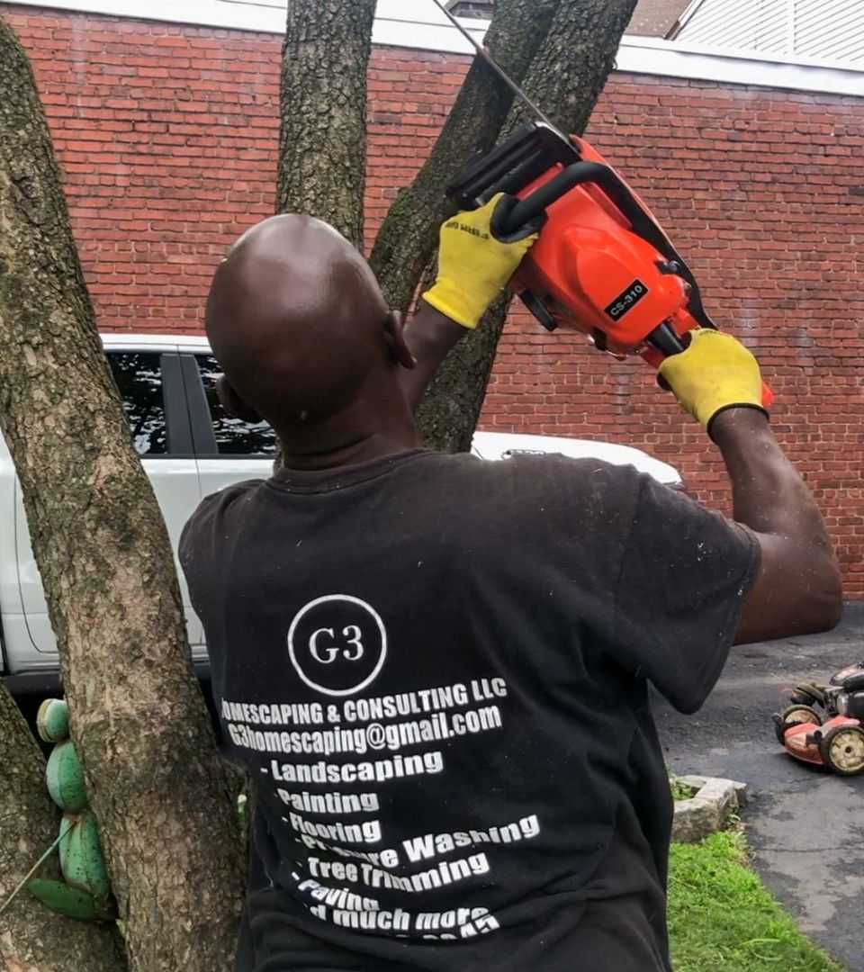 A G3 Homescaping employee using a chainsaw during a tree trimming service.